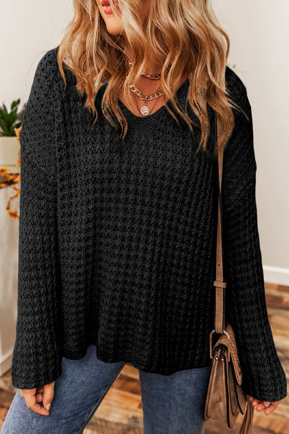 Openwork Round Neck Long Sleeve Sweater Black