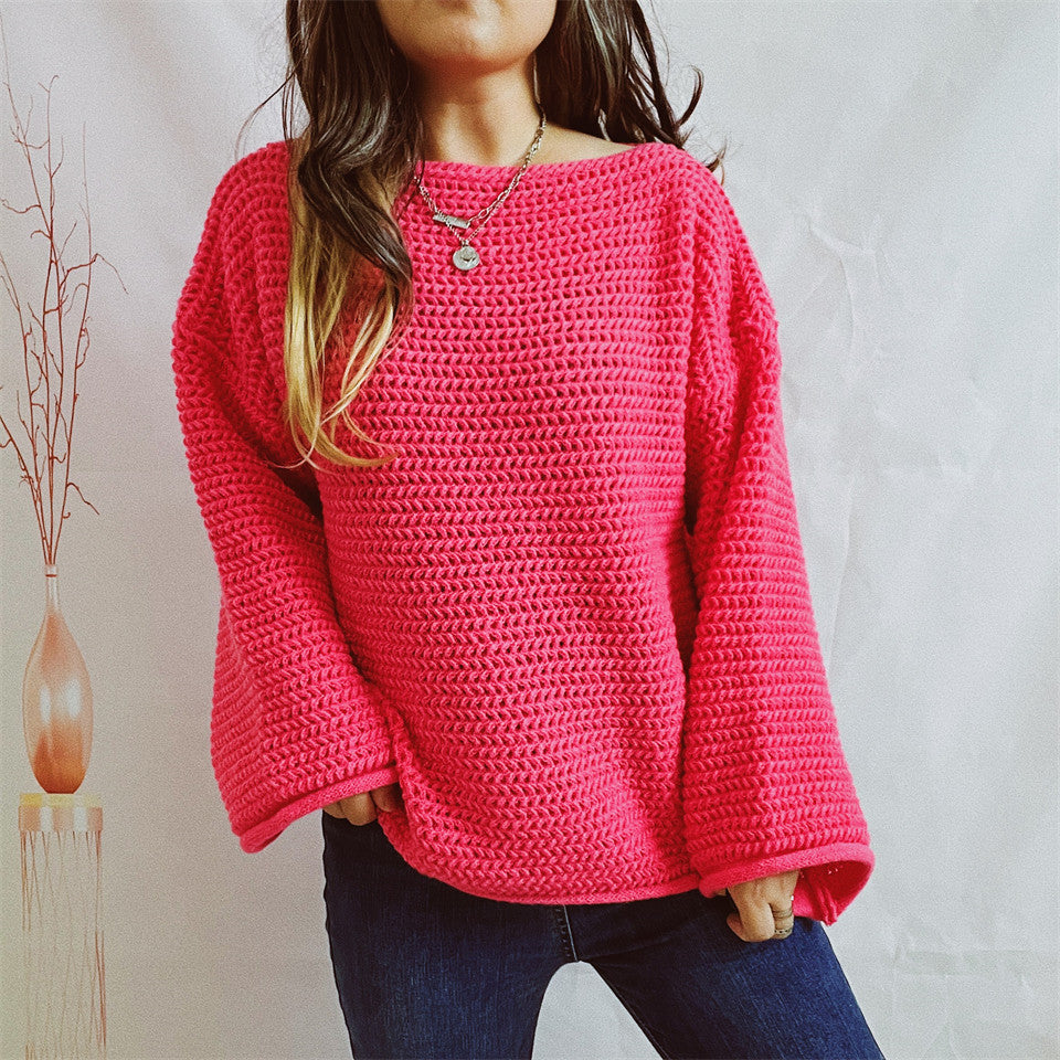 Openwork Boat Neck Long Sleeve Sweater Red