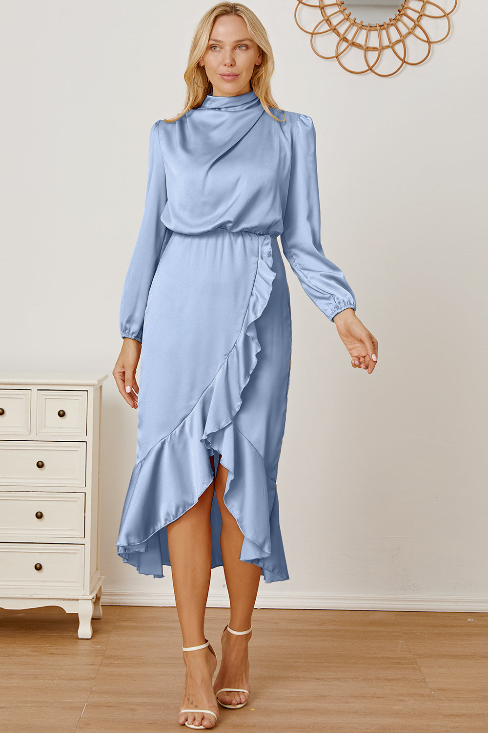 Mock Neck Ruffled Asymmetrical Dress Light Blue