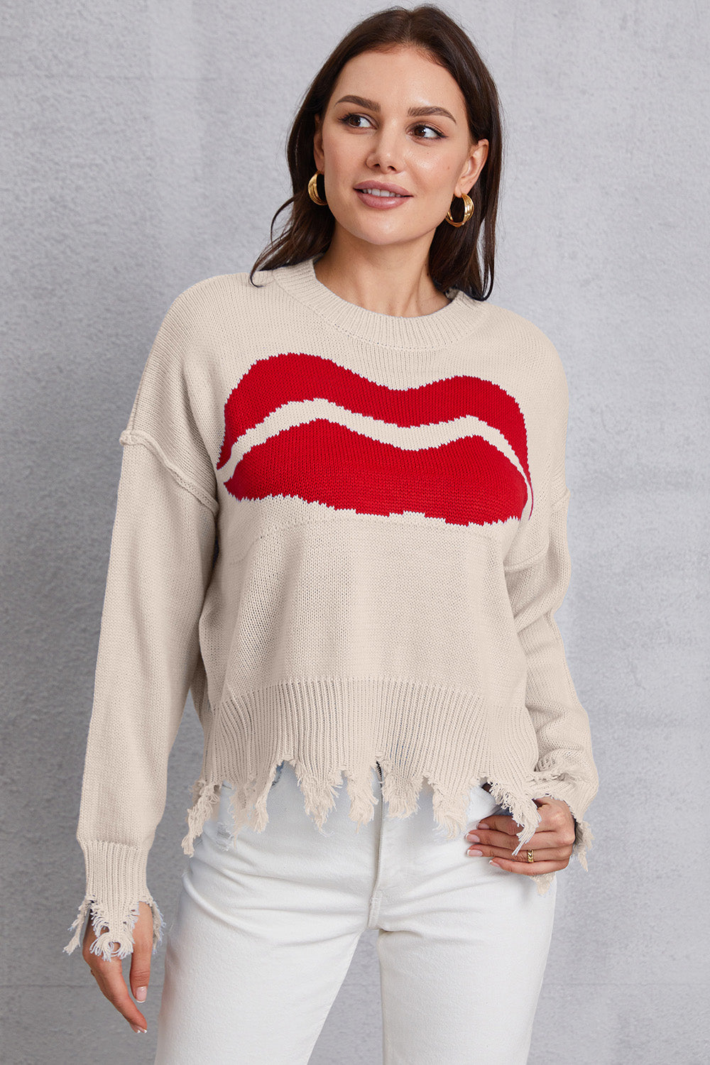 Lip Fringe Round Neck Sweater Apricot