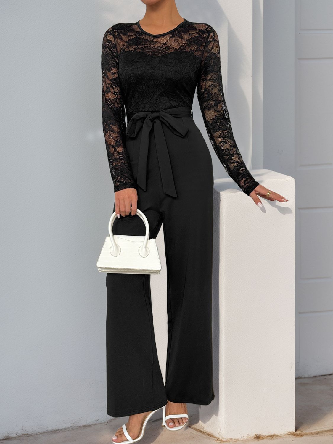 Perfee Lace Round Neck Long Sleeve Jumpsuit Black