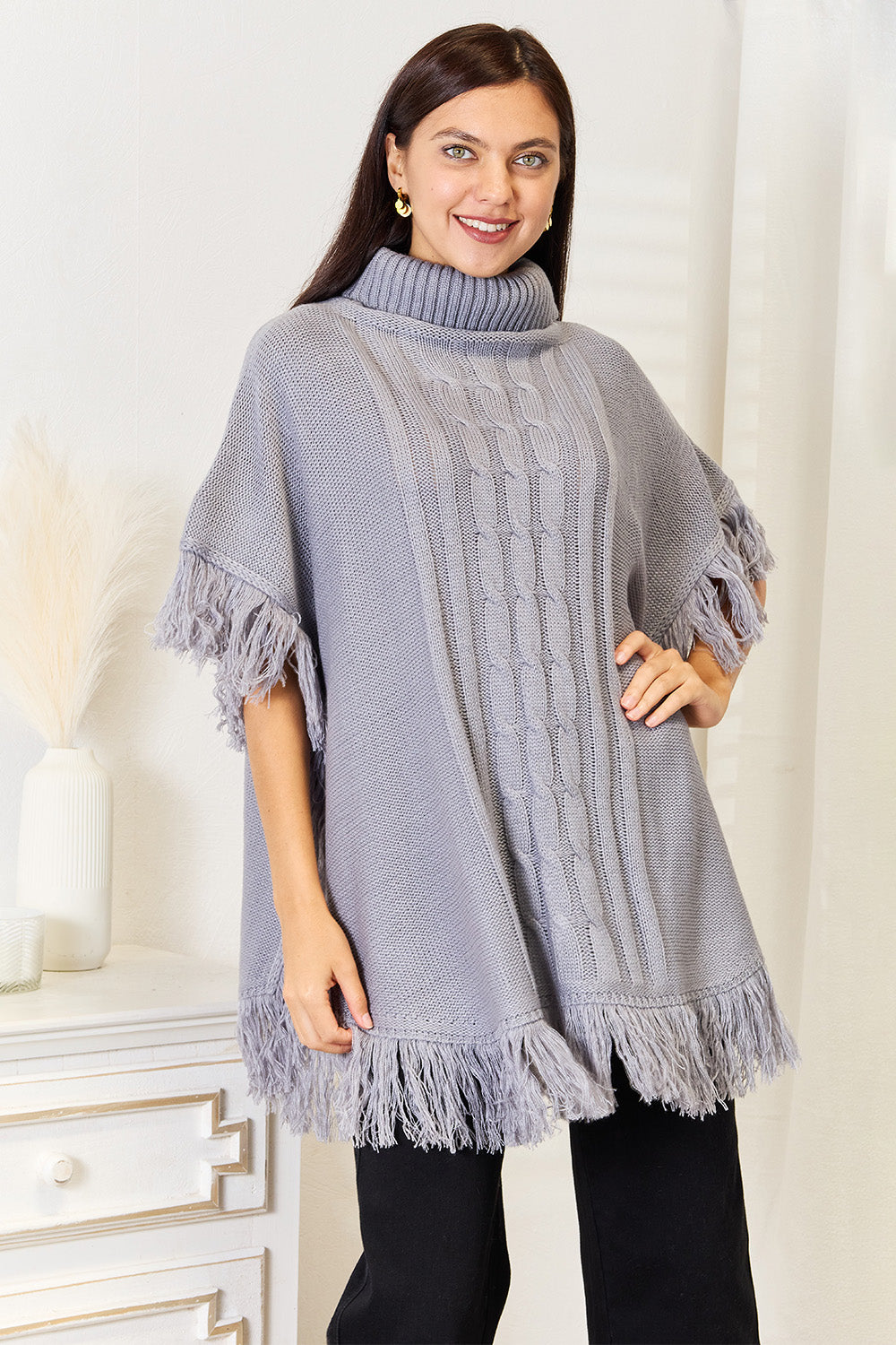 Justin Taylor Turtle Neck Fringe Poncho - Thandynie