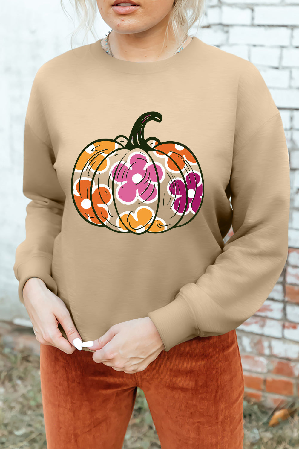 Khaki Halloween Floral Pumpkin Graphic Drop Shoulder Sweatshirt