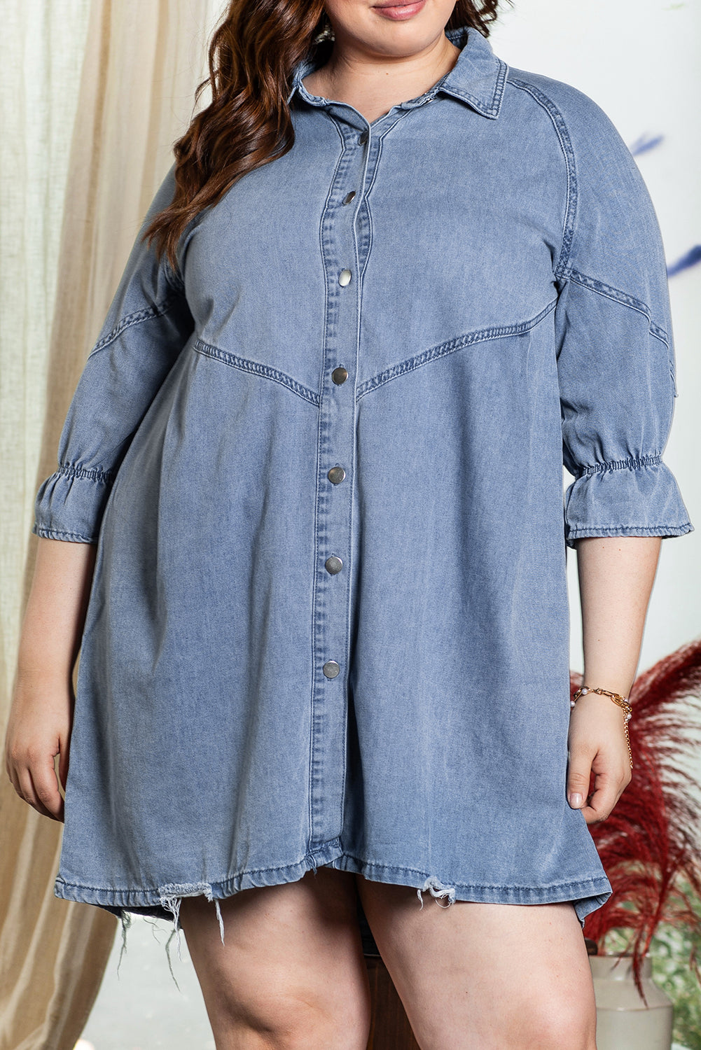 Light Blue Ruffled 3/4 Sleeve Buttoned Front Plus Size Denim Dress Light Blue 87%Cotton+6%Polyester+7%Viscose