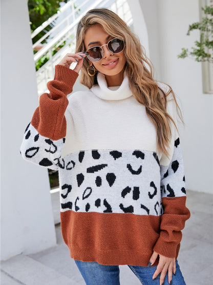 Leopard Color Block Turtleneck Sweater Brick Red