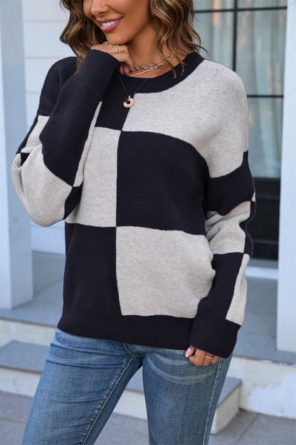 Color Block Round Neck Dropped Shoulder Sweater Black