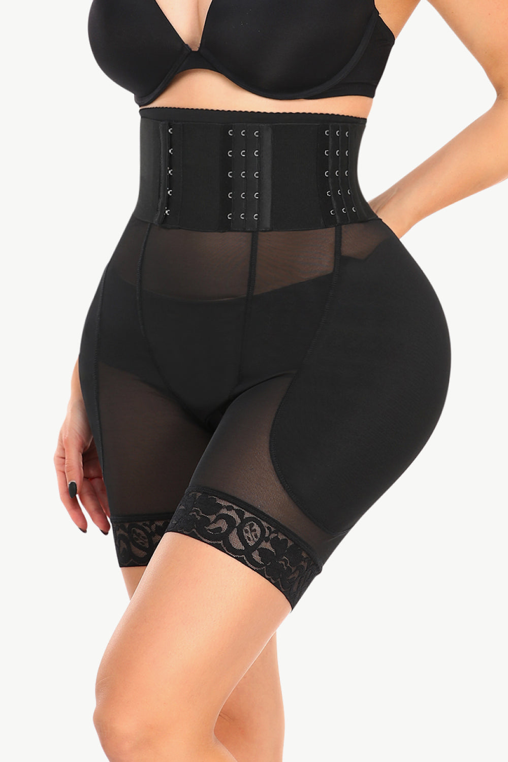 Full Size Breathable Lace Trim Shaping Shorts Black