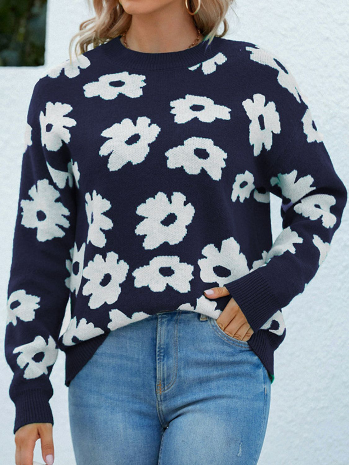 Floral Round Neck Sweater Navy