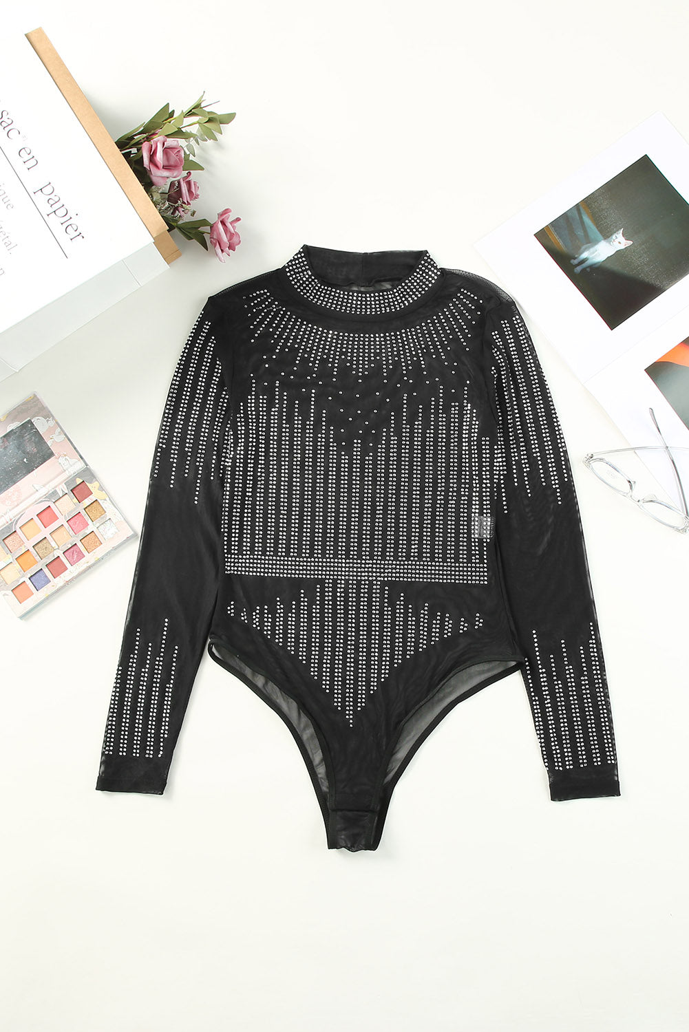 Rhinestone Round Neck Long Sleeve Bodysuit - Thandynie