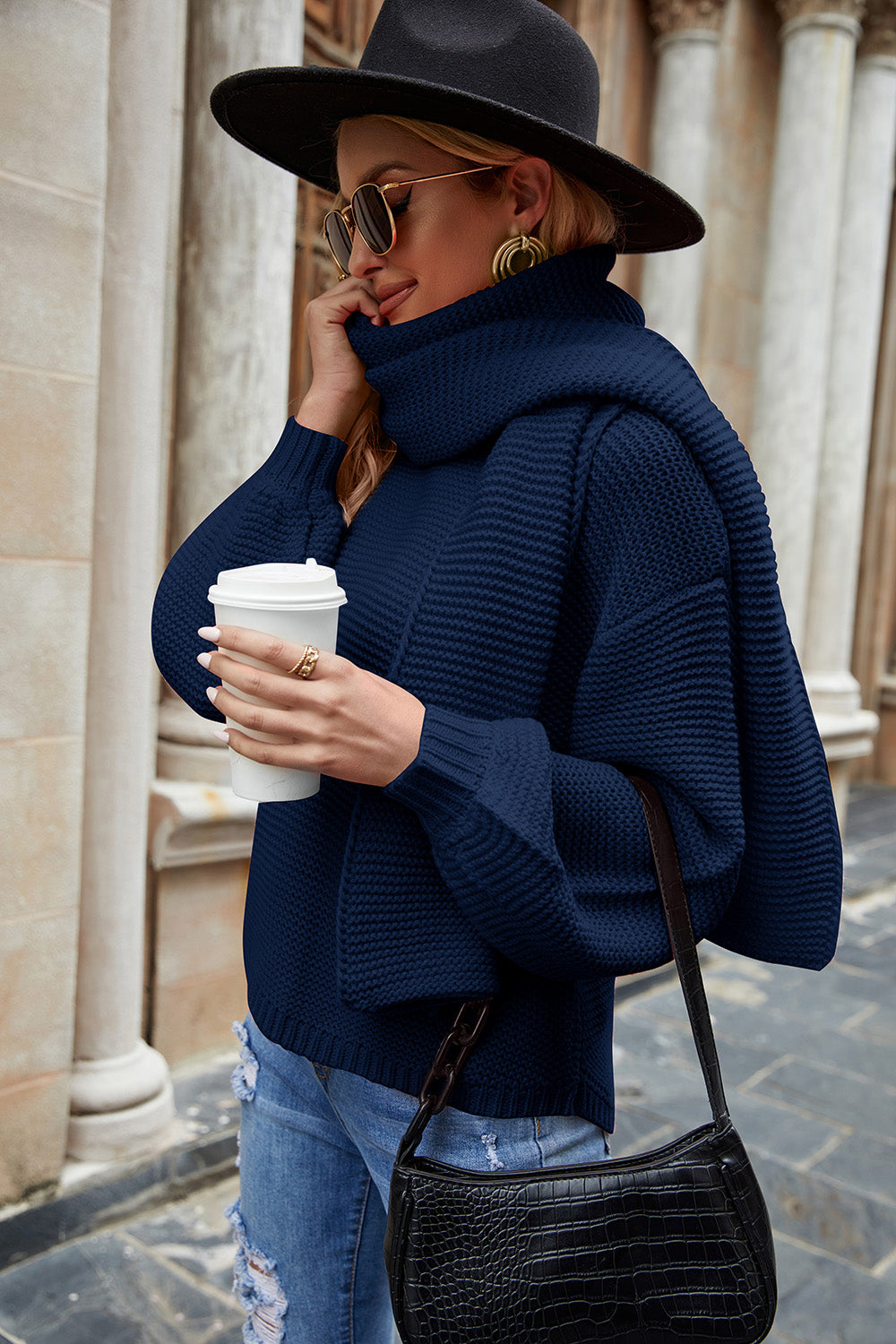 Round Neck Lantern Sleeve Sweater Navy