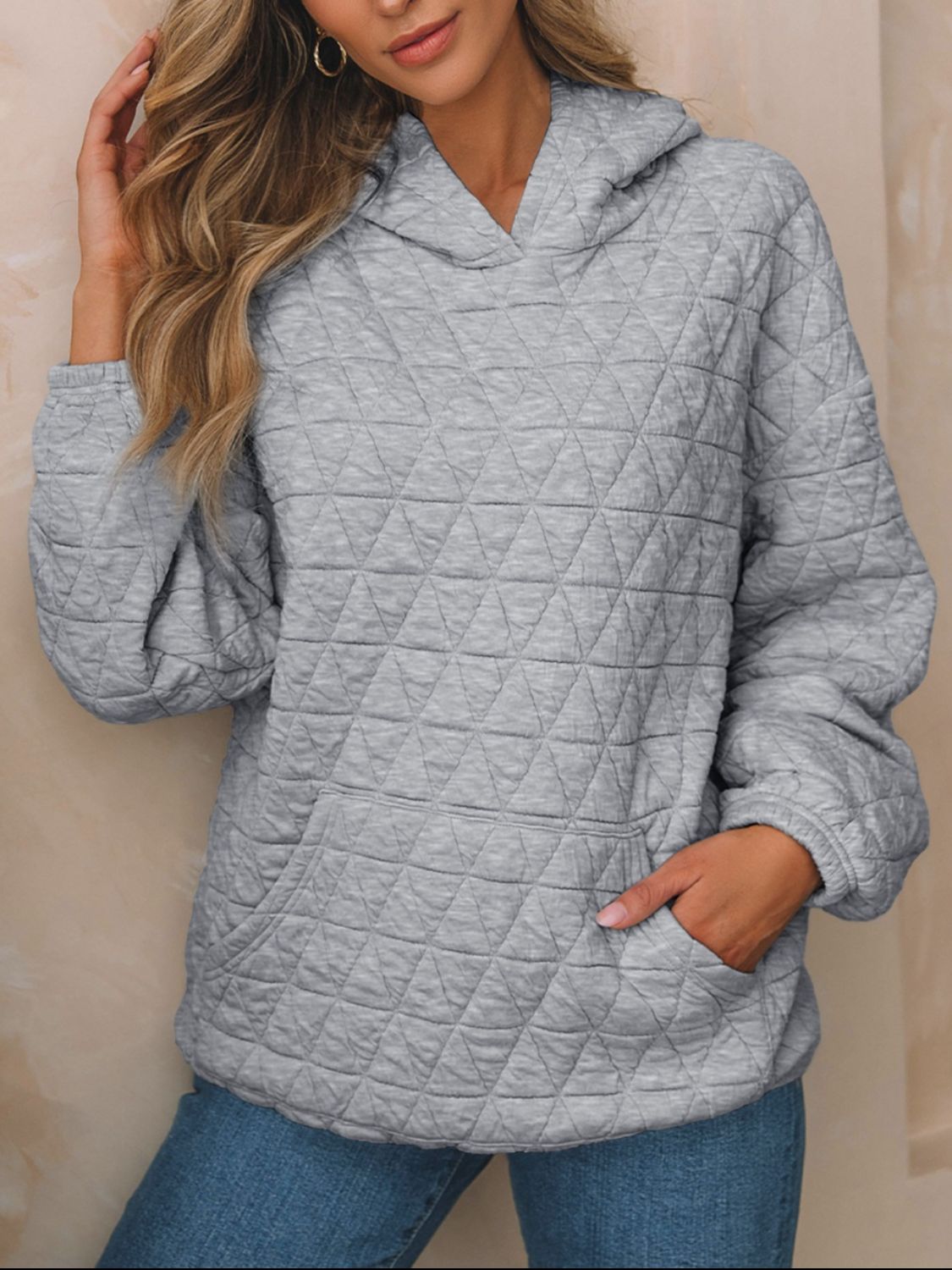 Textured Long Sleeve Hoodie with Pockets Gray