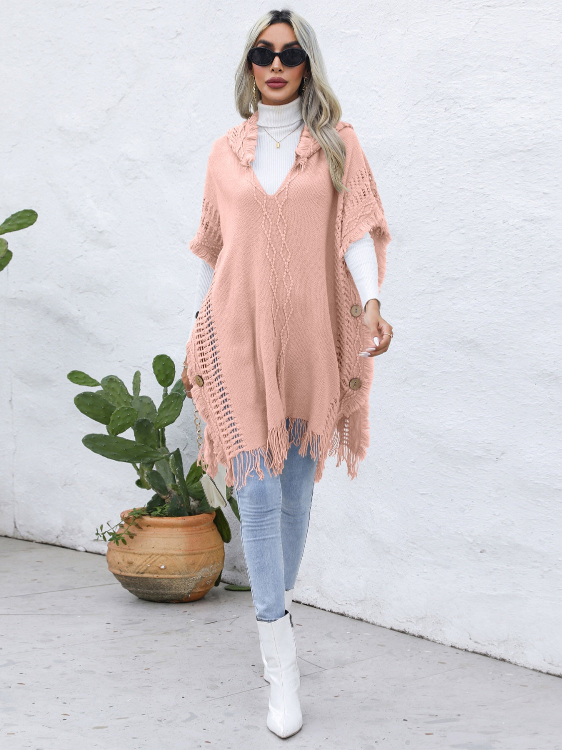 Fringe Trim Buttoned Hooded Poncho Watermelon pink One Size