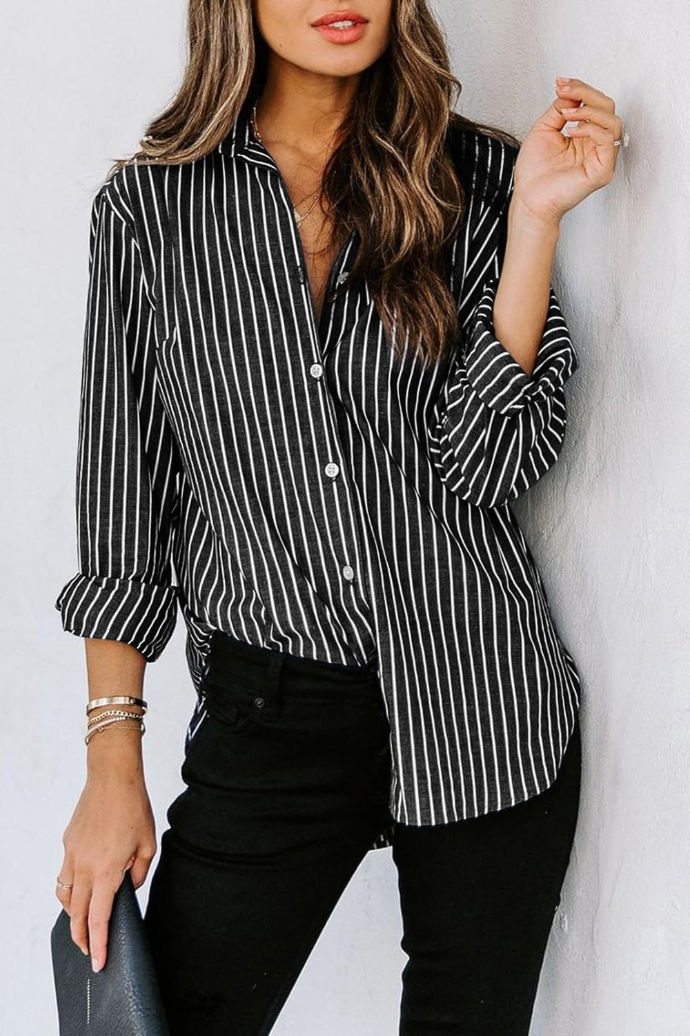 Striped Button Up Long Sleeve Shirt Black