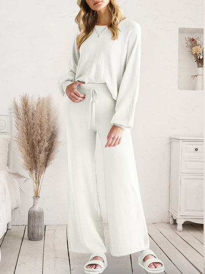 Long Sleeve Lounge Top and Drawstring Pants Set White