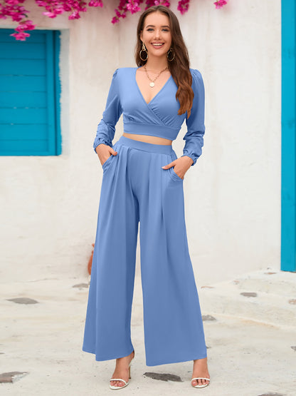 Surplice Top and Wide Leg Pants Set Dusty Blue