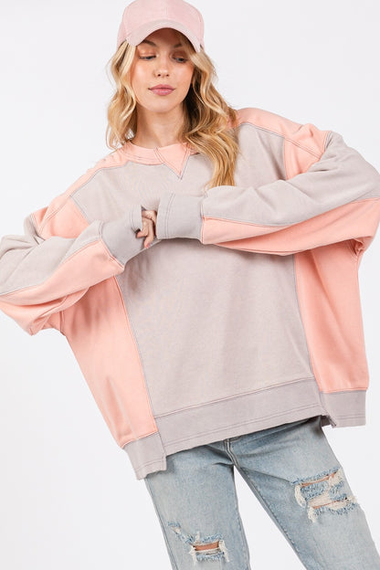 SAGE + FIG Color Block Round Neck Sweatshirt Gray Peach