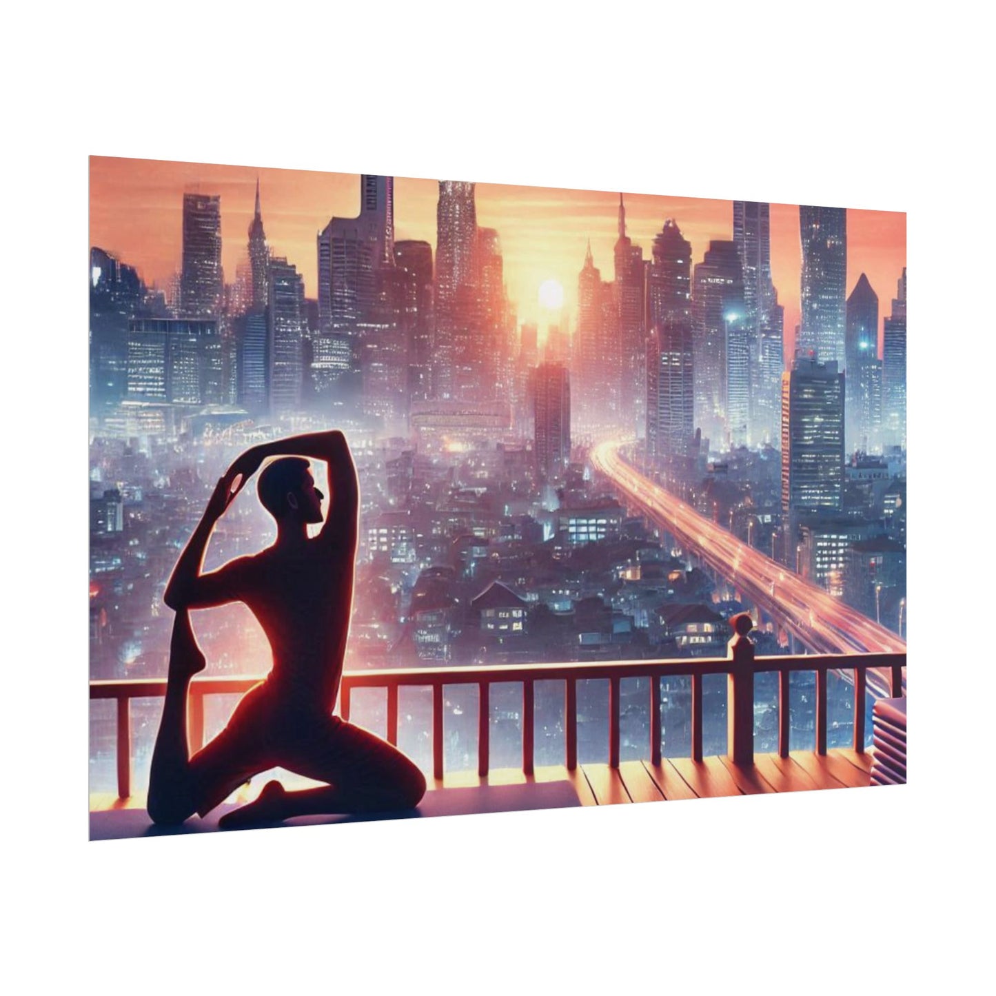 Yoga Poster, Cityscape Sunset Art, Rolled Wall Art, Pink Orange Skyline Decor, Urban Zen Meditation, Rooftop Exercise Print, Relaxation Gift