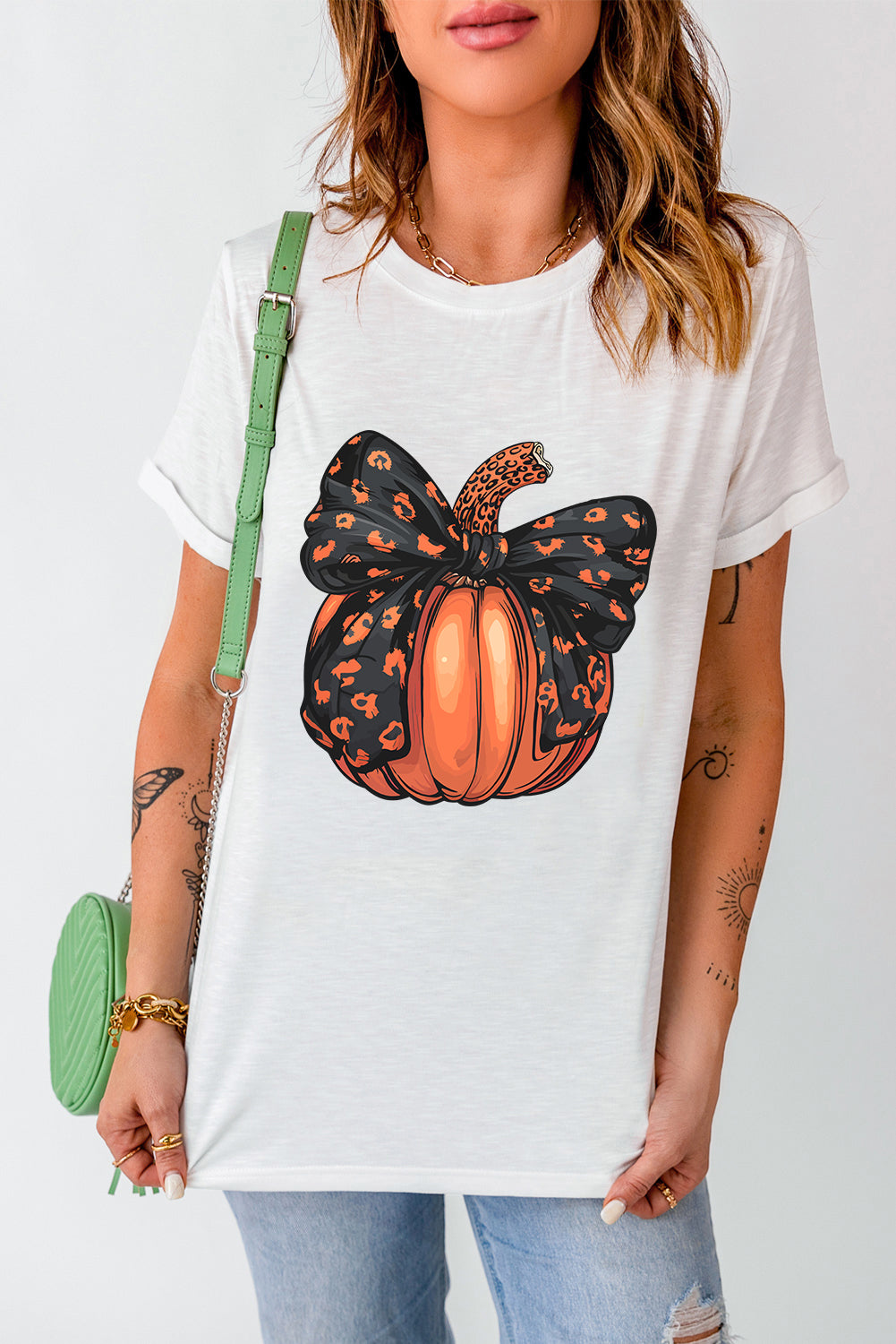 Pumpkin Round Neck Short Sleeve T-Shirt White