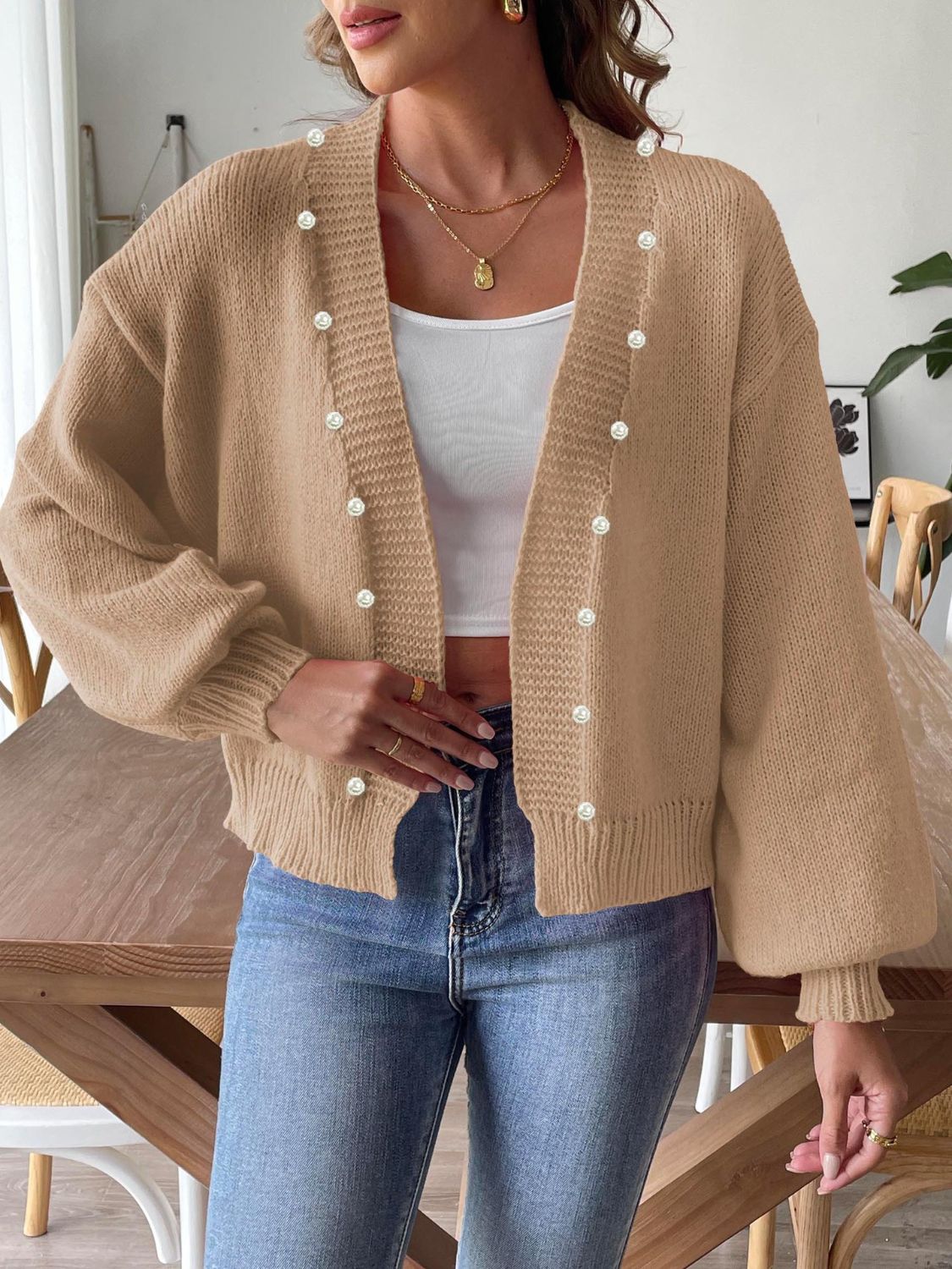 Pearl Open Front Long Sleeve Cardigan Tan