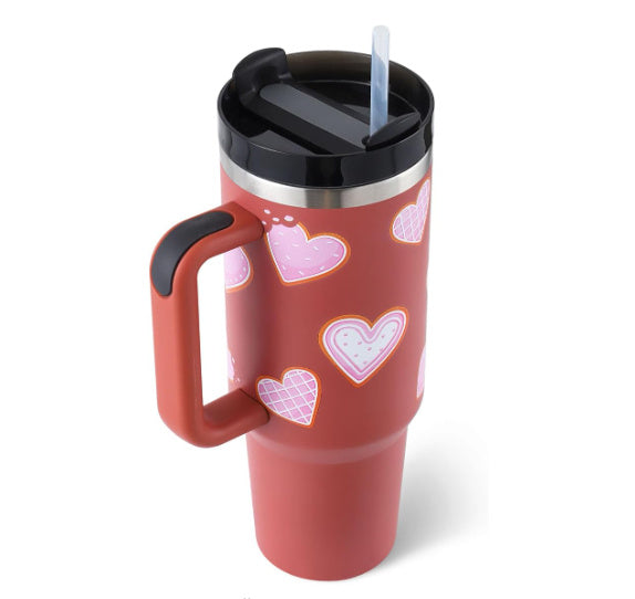 40 Oz Tumbler With Handle Straw Insulated, Stainless Steel Spill Proof Vacuum Coffee Cup Tumbler With Lid Tapered Mug Gifts For Valentine Lover Suitable For Car Gym Office Travel Pink 1200ML