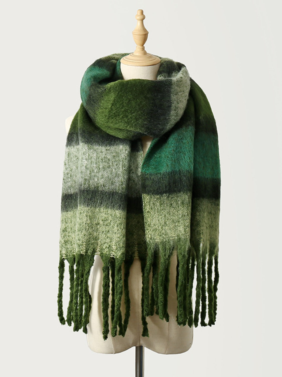 Fringe Color Block Polyester Scarf Dark Green One Size