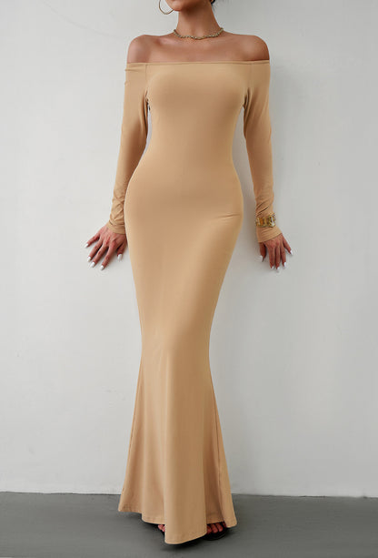 Off-Shoulder Long Sleeve Maxi Dress Tan