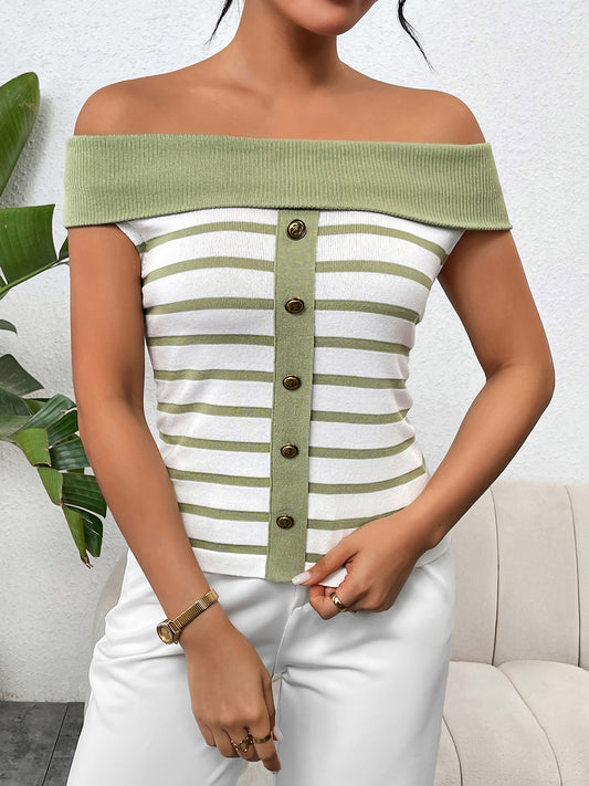 Decorative Button Striped Off-Shoulder Knit Top Light Green