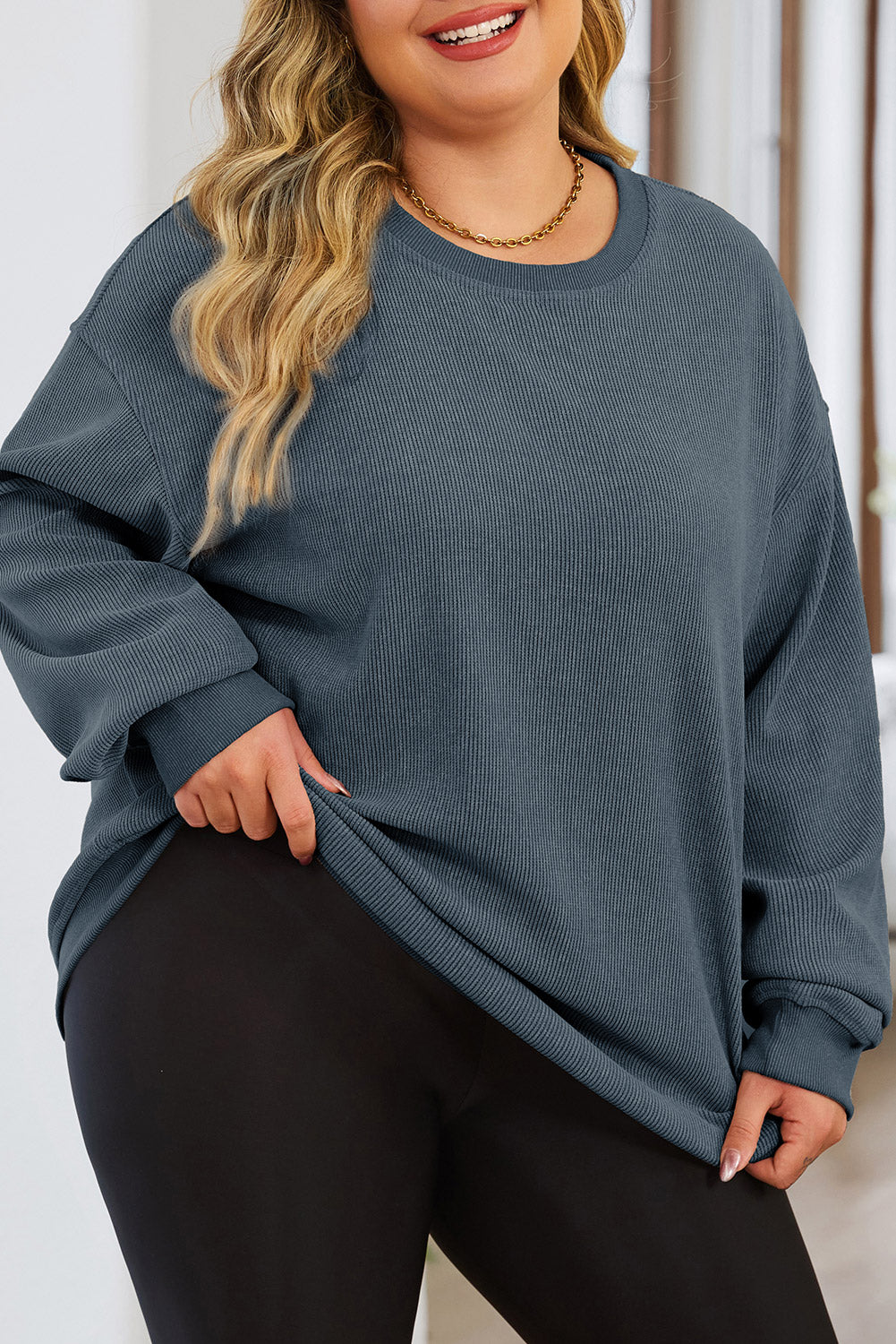 Blue Plus Size Corded Round Neck Sweatshirt