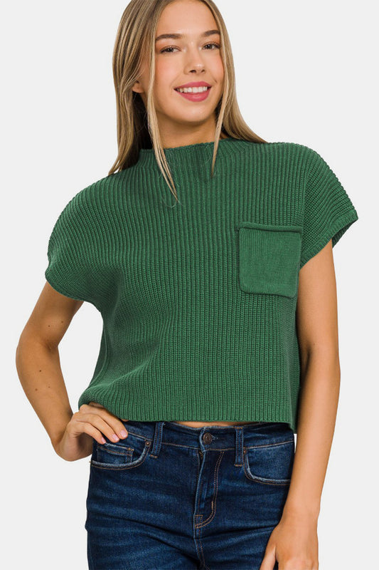 Zenana Mock Neck Short Sleeve Cropped Sweater DK GREEN