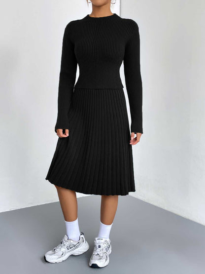 Rib-Knit Sweater and Skirt Set Black