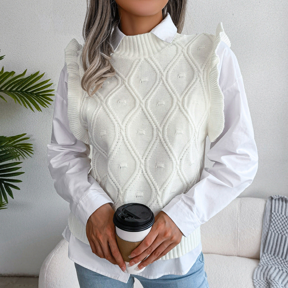 Ruffle Shoulder Ribbed Trim Sweater Vest White