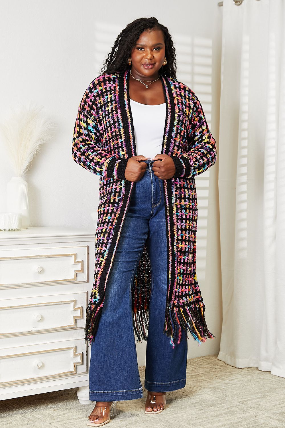 Full Size Multicolored Open Front Fringe Hem Cardigan Multicolor