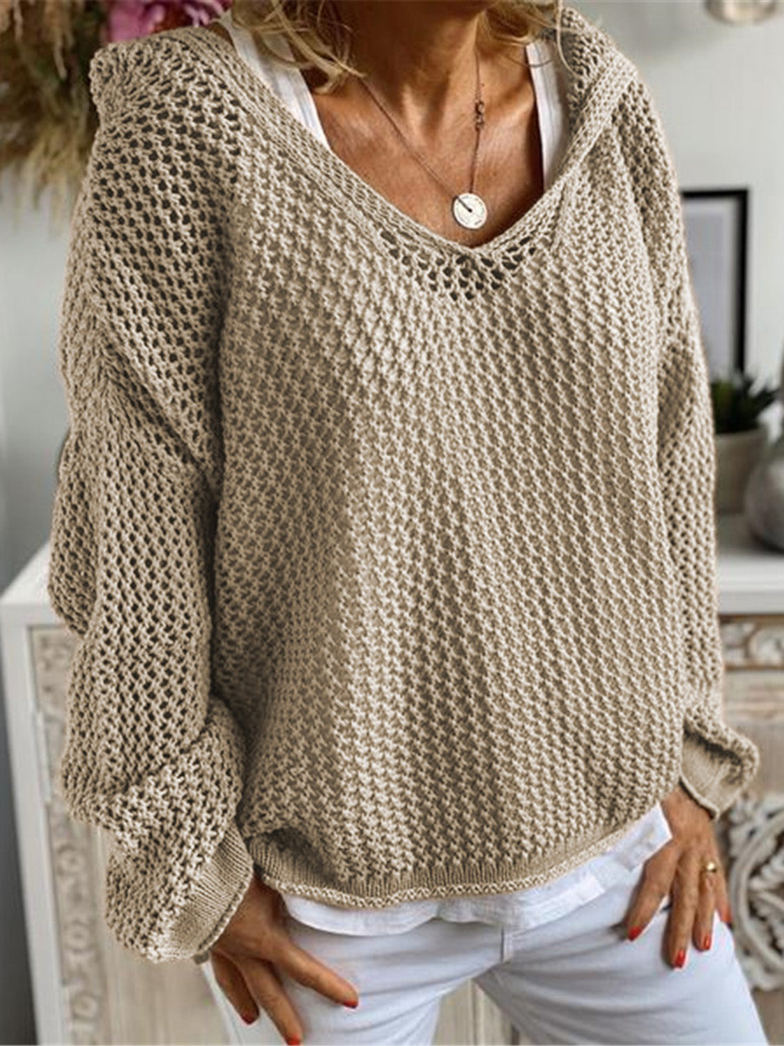 Openwork Hooded Long Sleeve Sweater Khaki