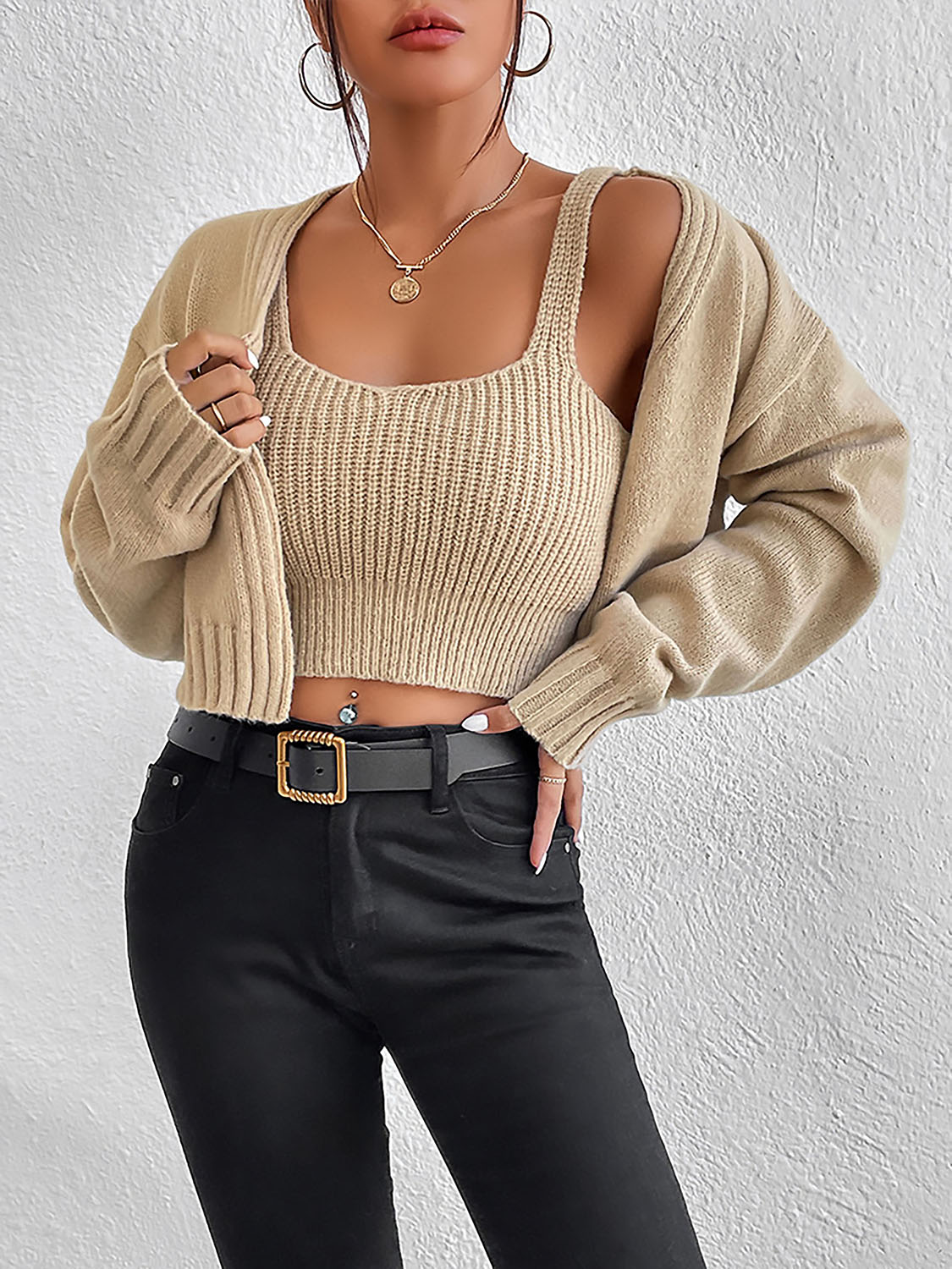 Plain Sweater Cami and Cardigan Set Tan