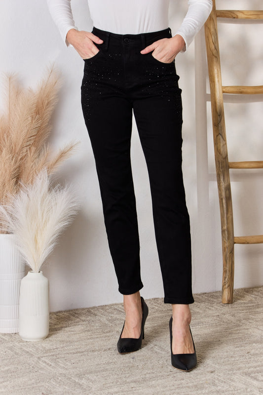 Judy Blue Full Size Rhinestone Embellished Slim Jeans Black