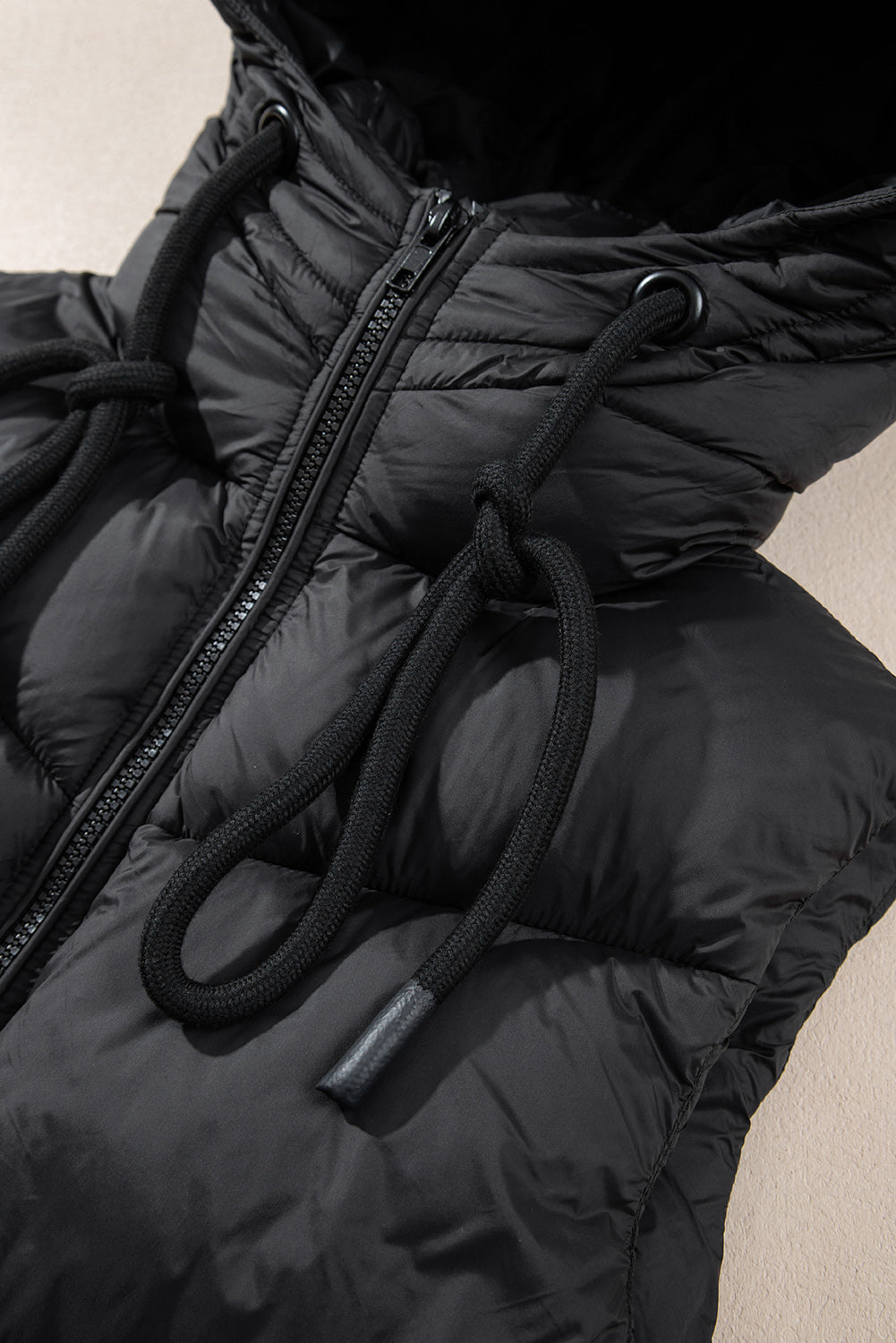 Black Sleek Quilted Puffer Hooded Vest Coat