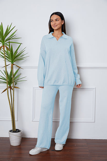 Dropped Shoulder Sweater and Long Pants Set Misty Blue One Size