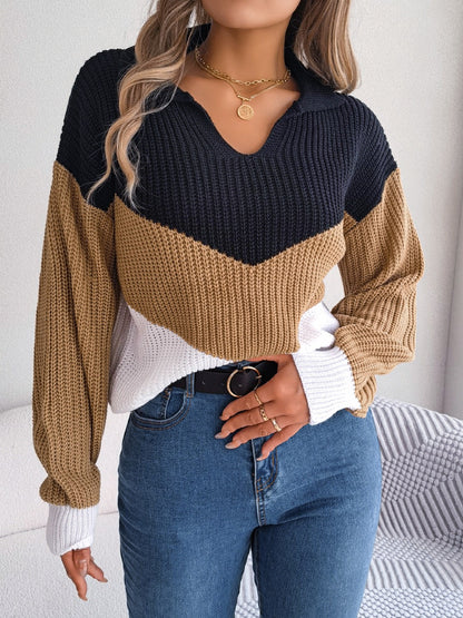 Color Block Dropped Shoulder Sweater Camel