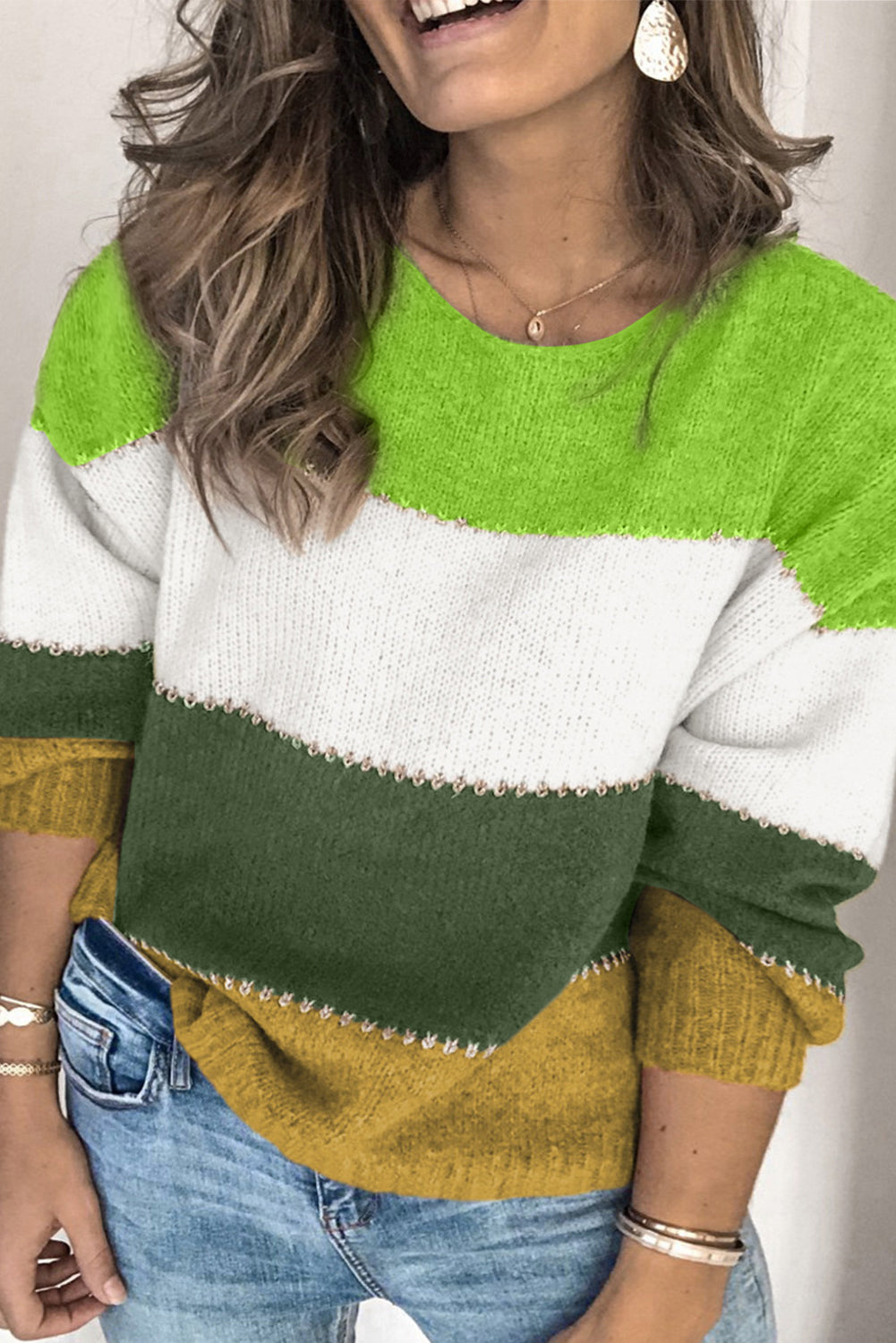 Green Plus Size Color Block Patchwork Sweater - Cozy & Stylish for Curvy Women Green 100%Acrylic