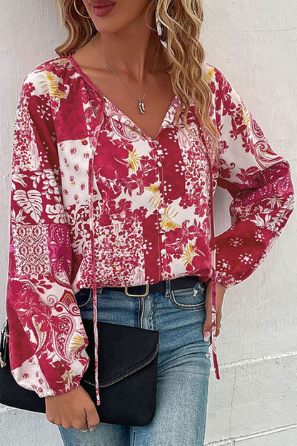 Patchwork Buttoned Tie-Neck Balloon Sleeve Blouse Floral