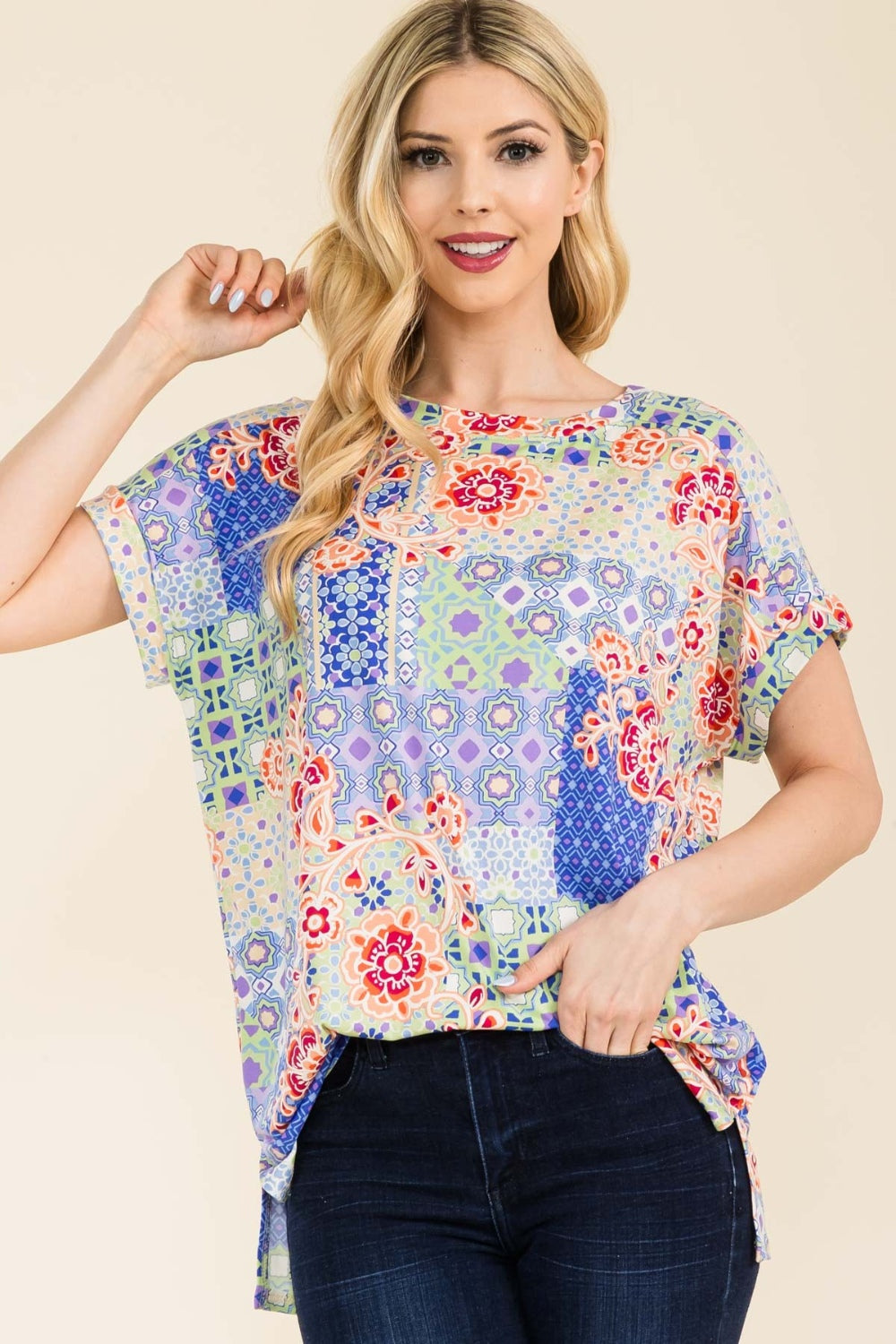 Celeste Full Size Round Neck Short Sleeve Floral T-Shirt Blue Lavender