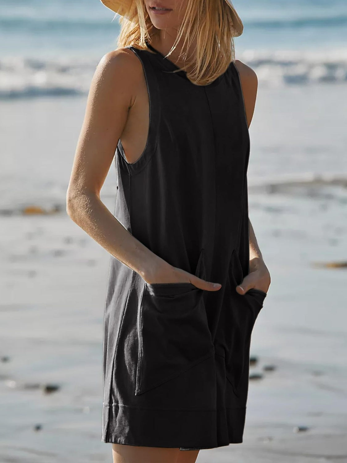 Round Neck Sleeveless Romper with Pockets Black