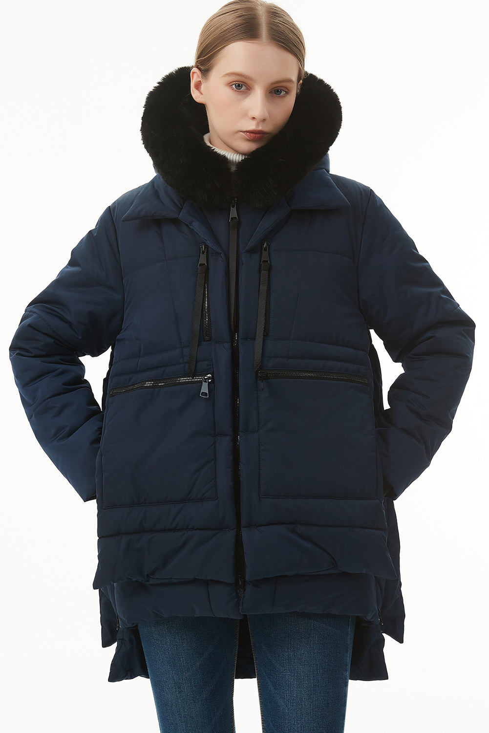 Navy Blue Plush Linen Zip Up Hooded Puffer Coat