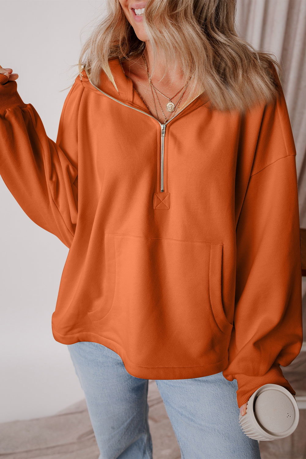 Pocketed Half Zip Dropped Shoulder Hoodie Orange