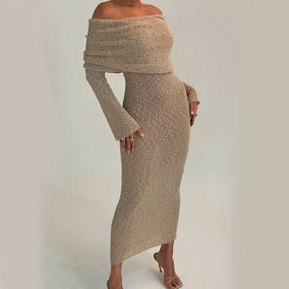 New One-shoulder Knitted Long-sleeved Dress Sexy Beach Holiday Long Dresses Womens Clothing Apricot