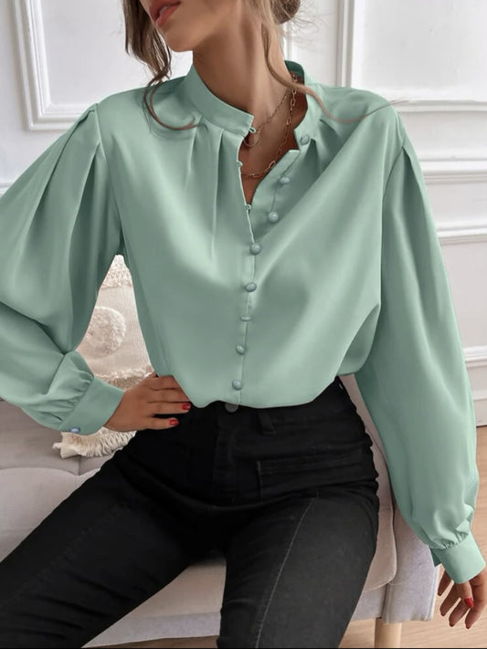 Mock Neck Button Front Shirt Light Green