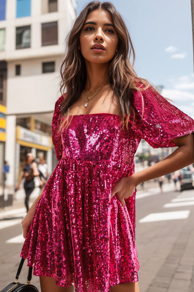 Sequin Square Neck Balloon Sleeve Romper Hot Pink