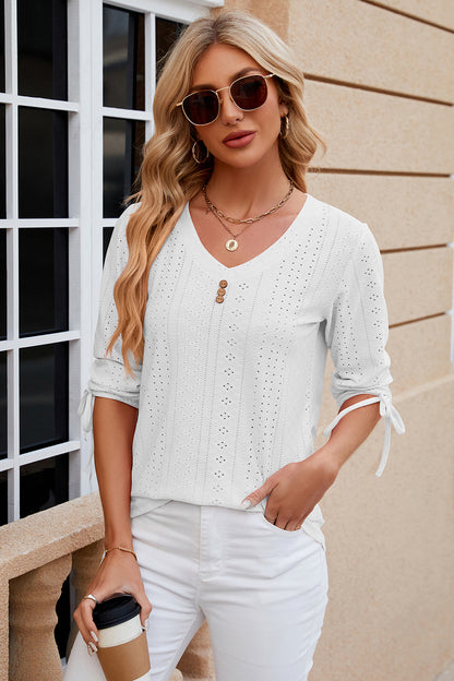 Eyelet Drawstring V-Neck Half Sleeve T-Shirt White