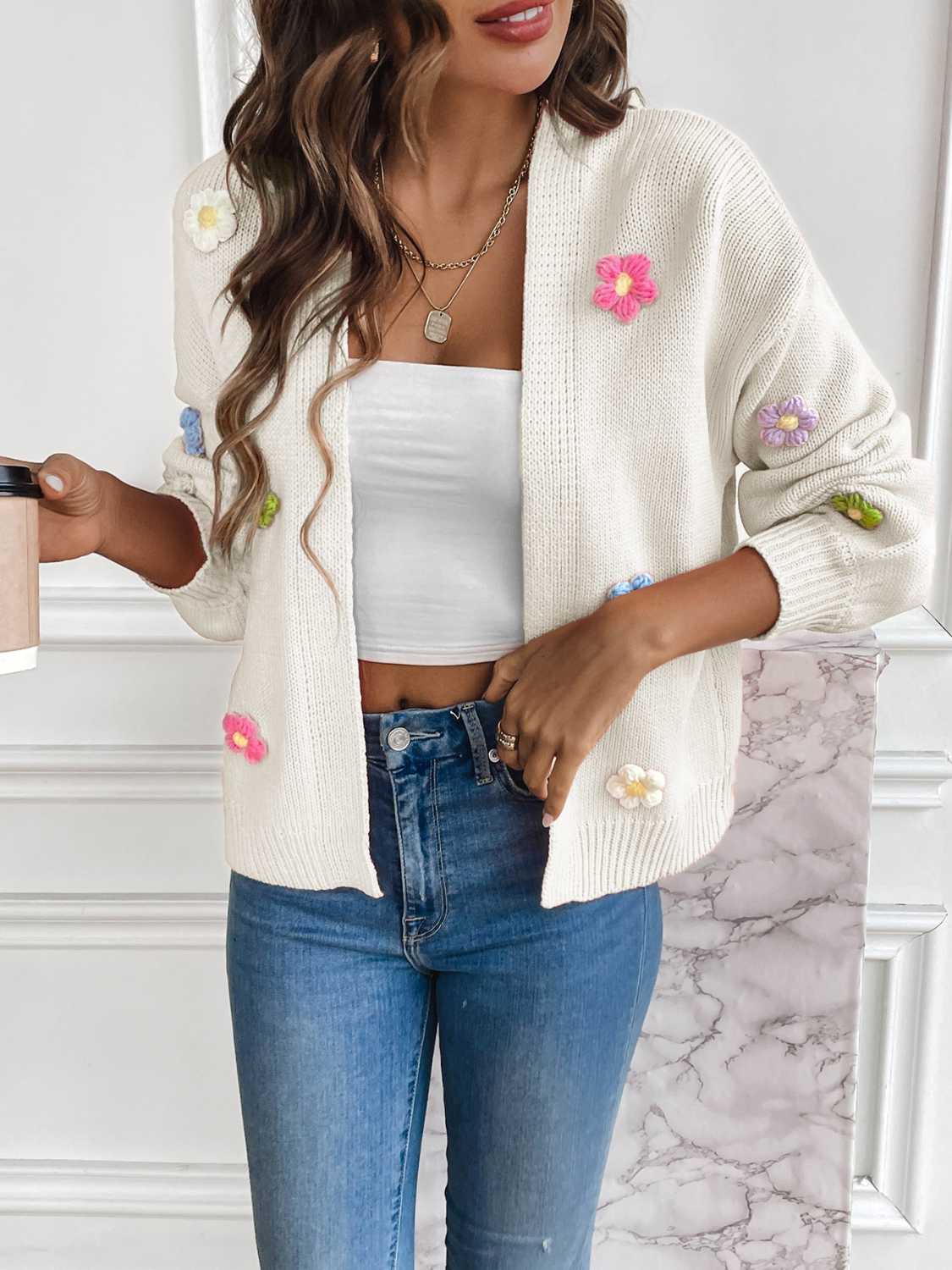 Floral Long Sleeve Open Front Cardigan White