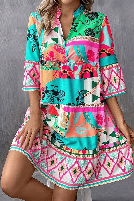 Printed Surplice Half Sleeve Mini Dress Turquoise